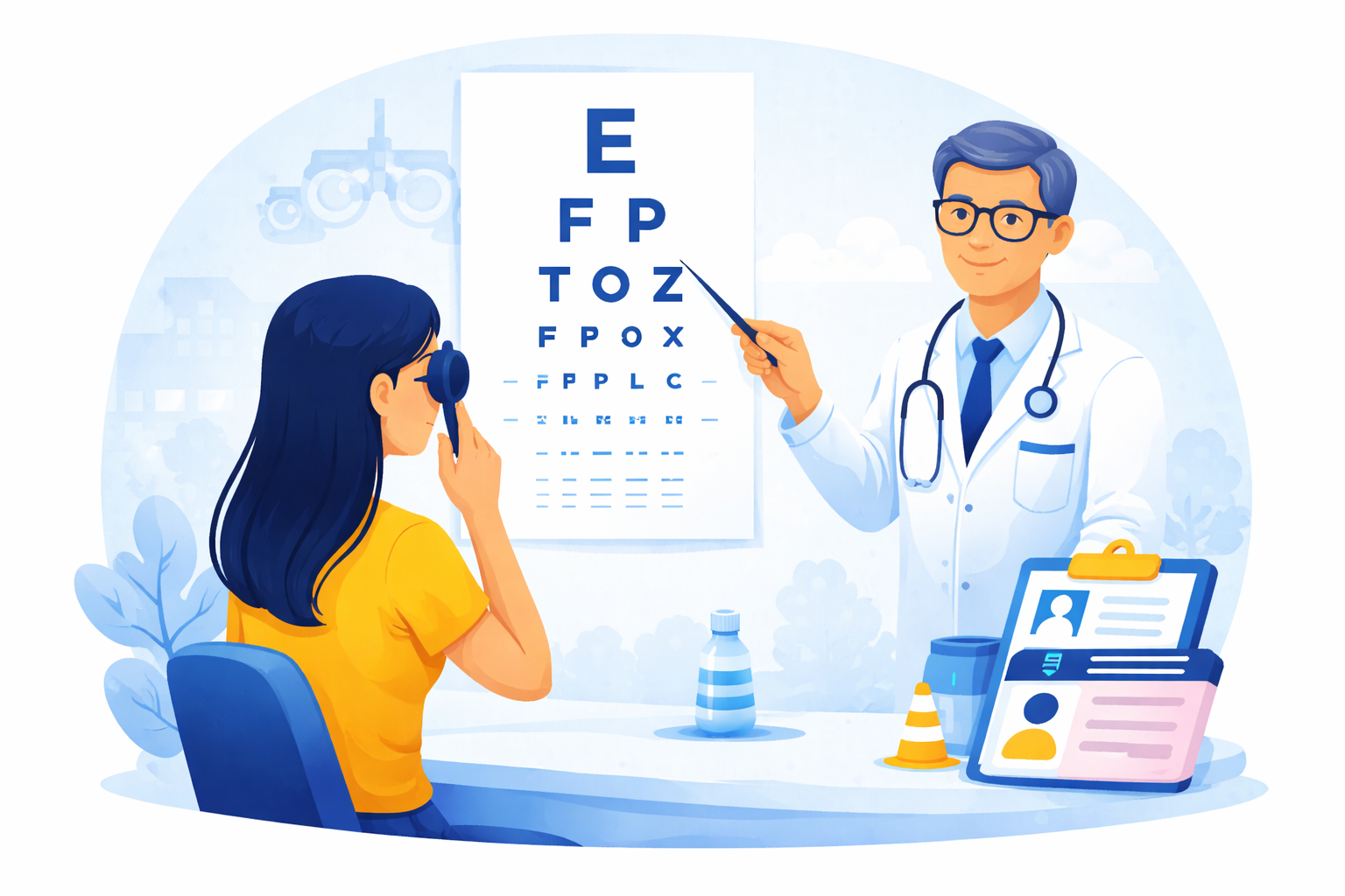Un optometrista esamina la vista di un paziente con una tabella oculistica e indica con un bastoncino.