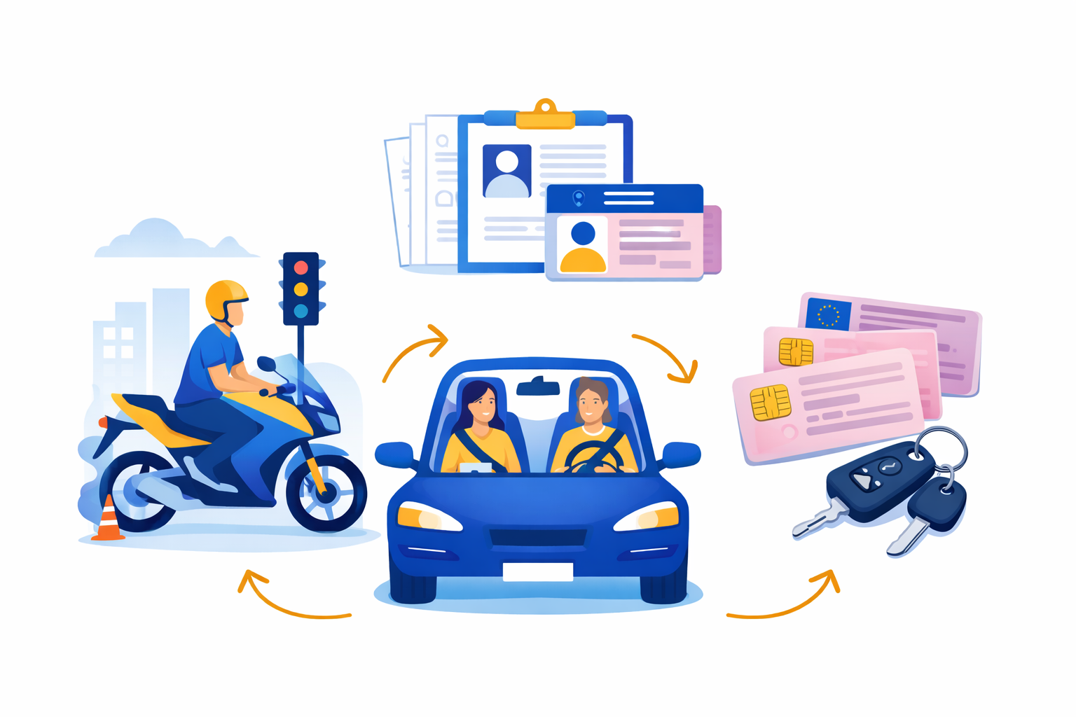 Imparare a guidare: moto, auto, documenti, chiavi e patente.