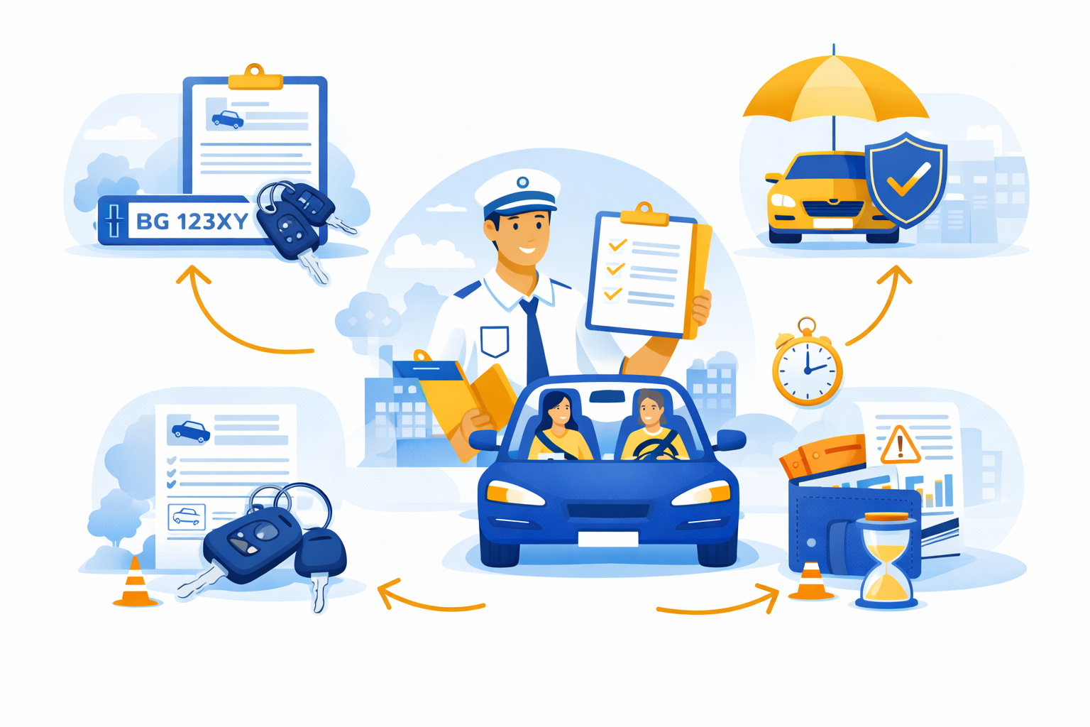 Illustrazione di una lezione di guida. Un istruttore con una lista di controllo supervisiona un'auto con due studenti. Elementi correlati: assicurazione, documenti e un'icona a forma di tempo.