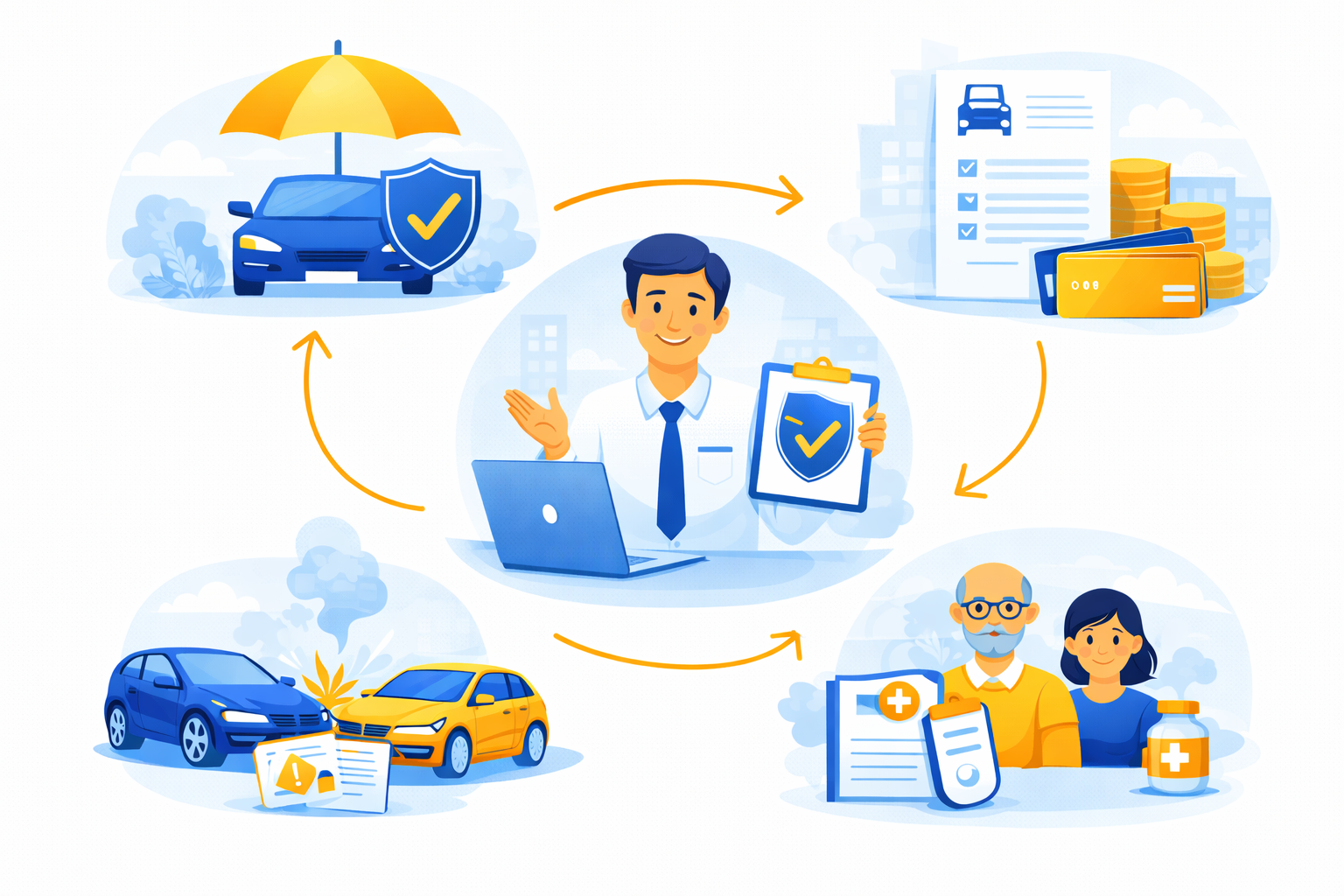 Grafico del ciclo assicurativo: agente con computer portatile, auto sotto l'ombrello, documenti della polizza, anziani con moduli sanitari e scena dell'incidente automobilistico.