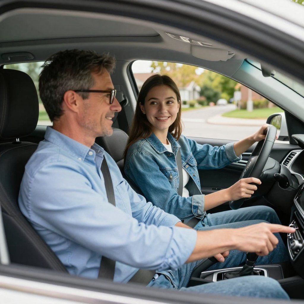 Un uomo guida un'auto con un adolescente sorridente. L'uomo indica, all'interno dell'auto, un paesaggio soleggiato.
