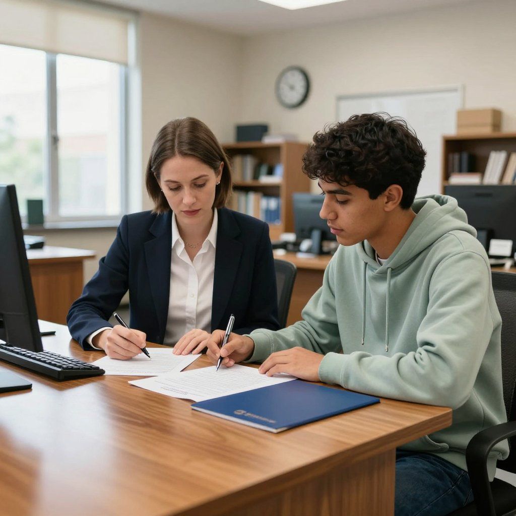 Una donna in blazer e un ragazzo in felpa con cappuccio sono seduti a una scrivania, mentre esaminano documenti e scrivono.