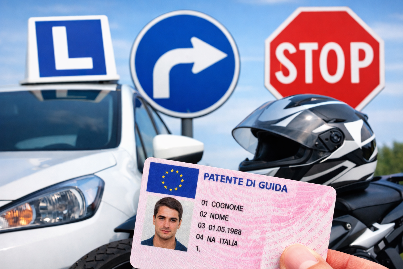 Patente di guida con indicazioni per principianti, svolta a destra e stop; casco da motociclista e auto sullo sfondo.