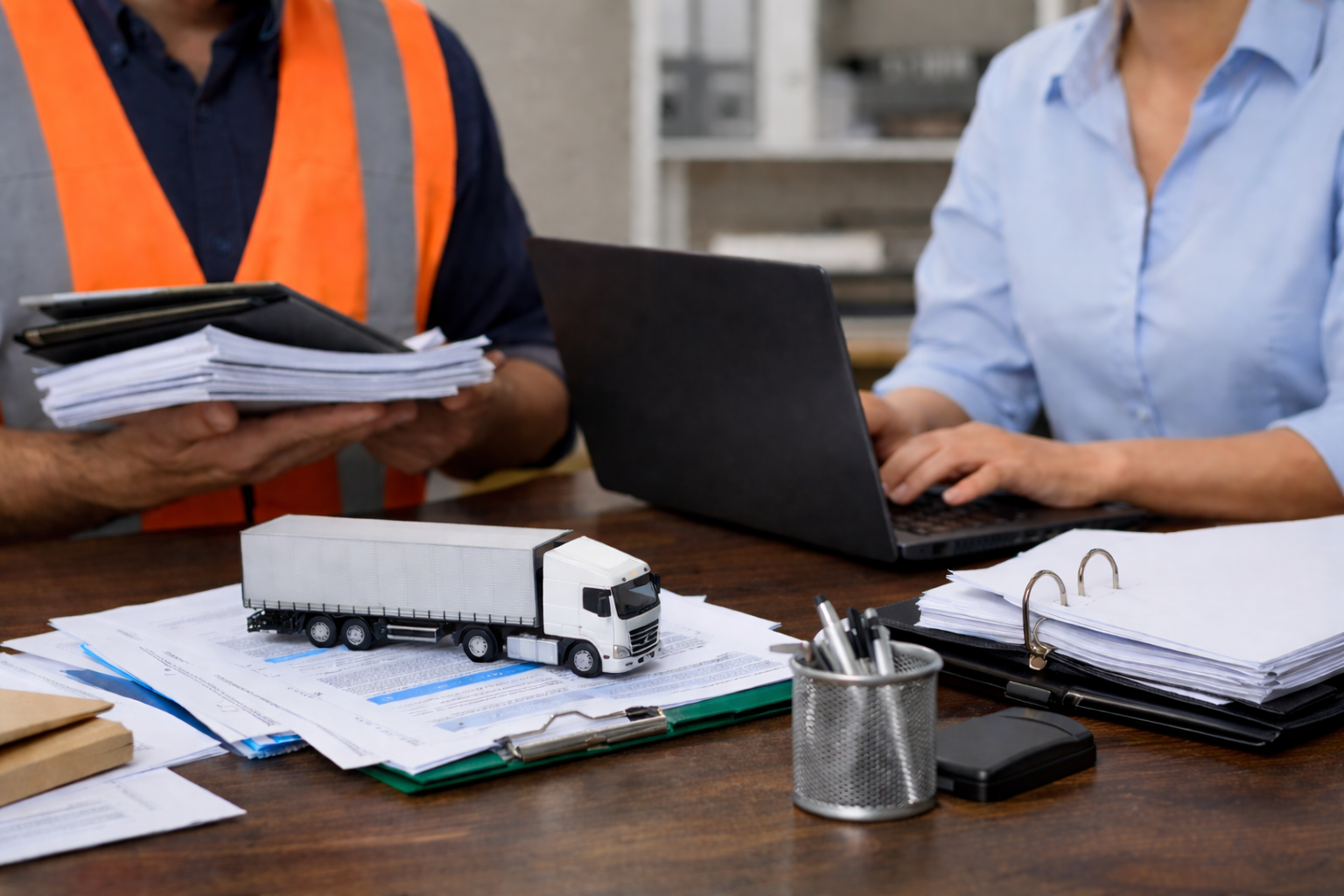 Una persona con un gilet arancione esamina dei documenti, mentre un'altra persona digita su un computer portatile, un modellino di camion e dei documenti su una scrivania.