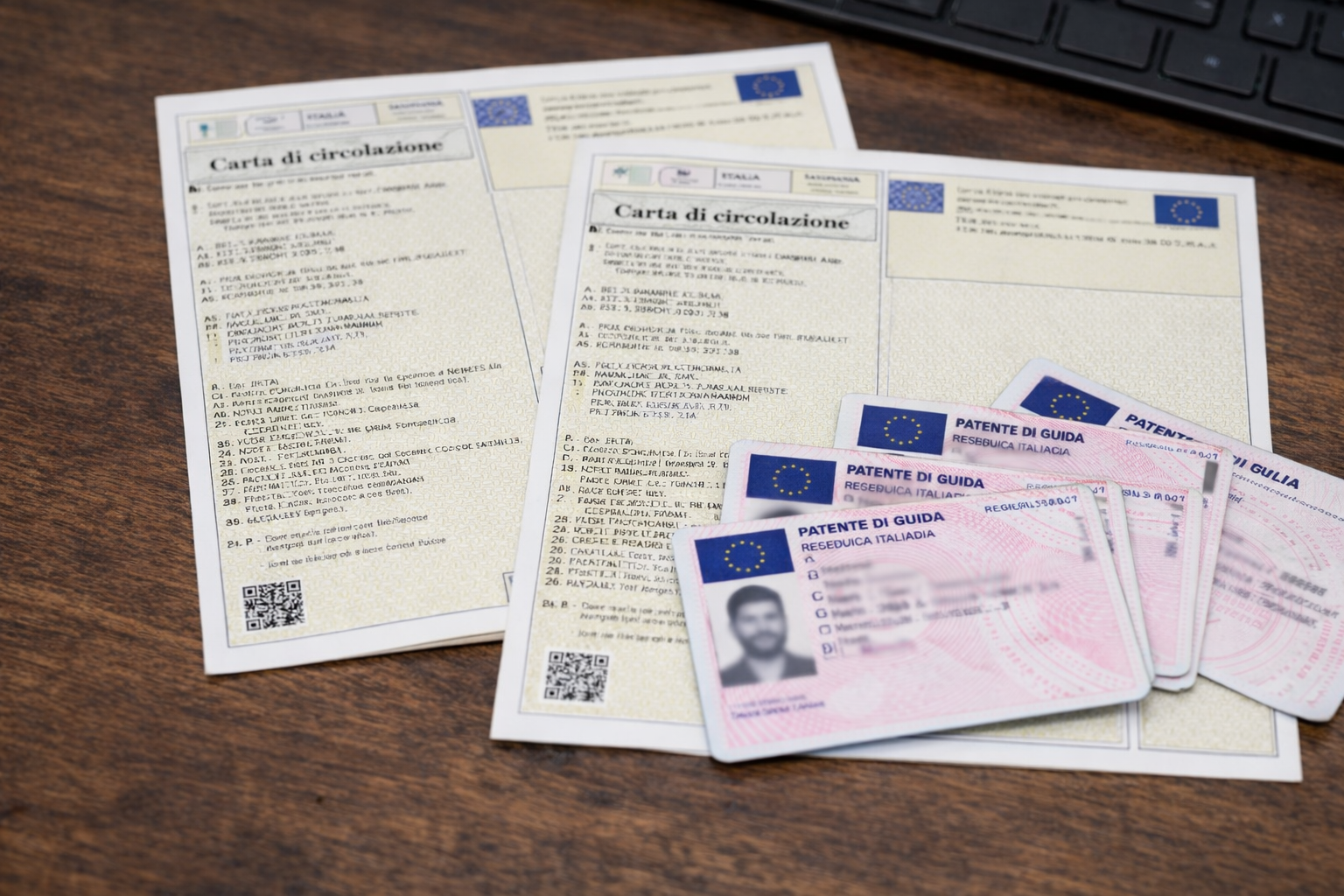 Documenti e patenti di guida su una superficie di legno. Una pila di patenti di guida rosa dell'UE e due documenti bianchi.