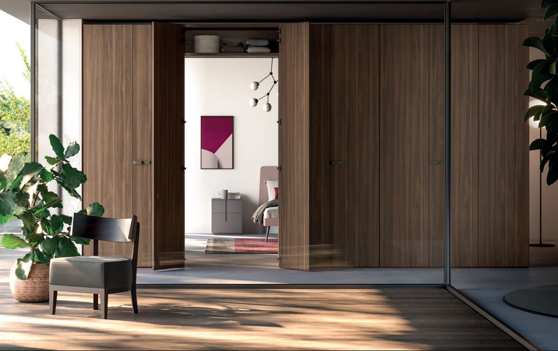 Corridoio moderno con porte scorrevoli in legno che si aprono su una stanza luminosa, con una pianta in vaso in primo piano.