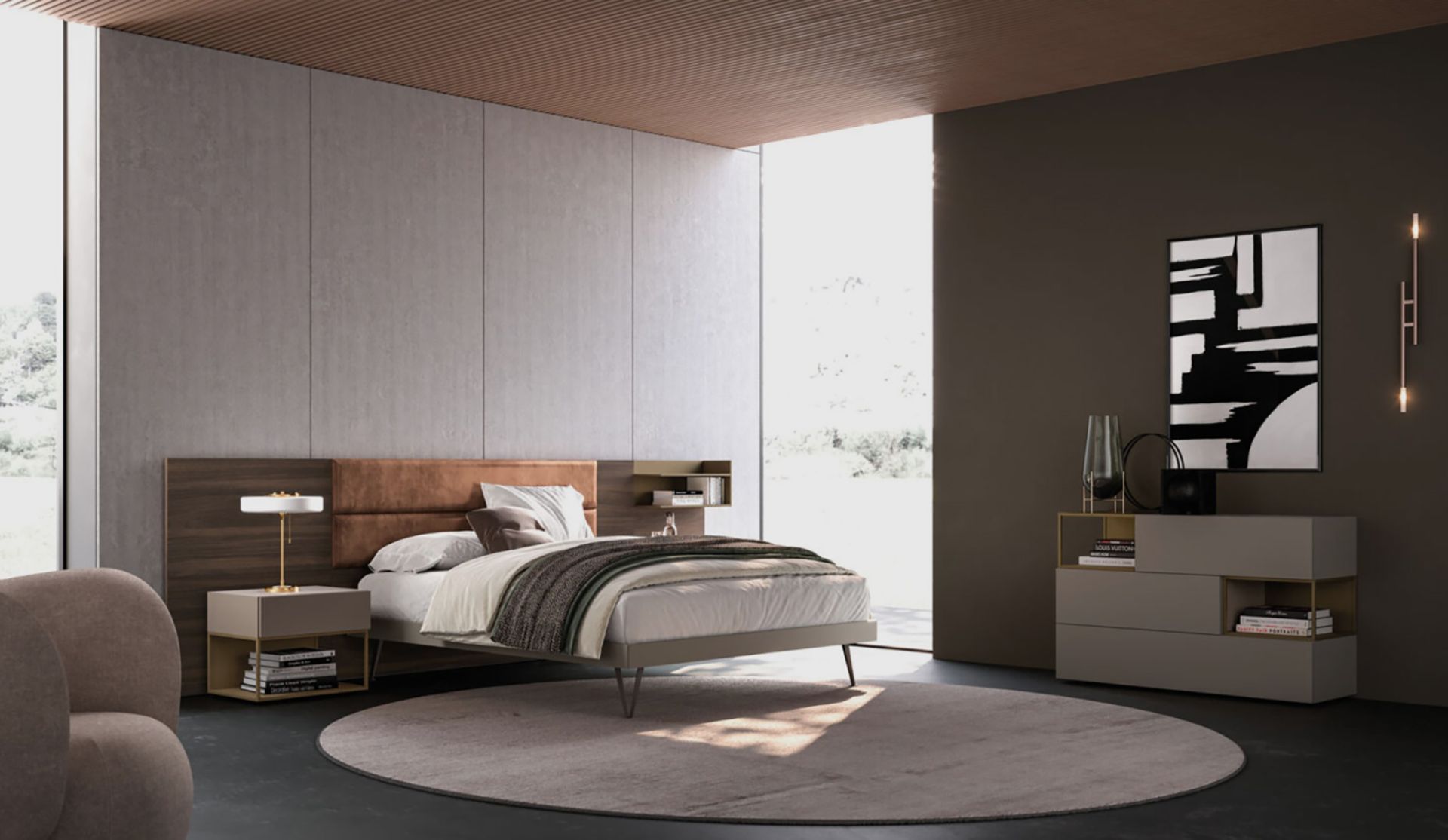 Struttura del letto in legno in una camera da letto minimalista con una grande finestra e un tappeto.