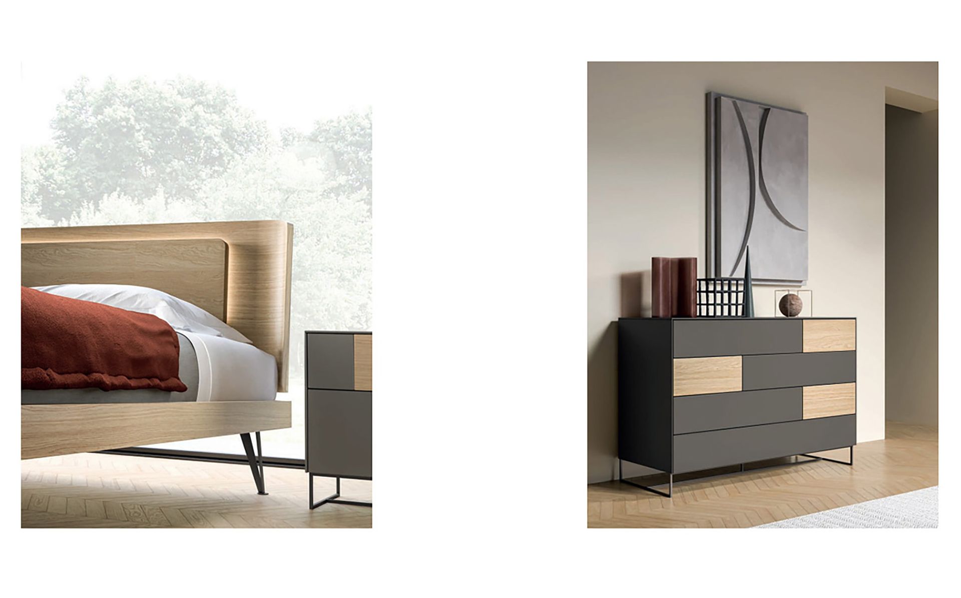 Camera da letto moderna con letto in legno e comò grigio in un ambiente minimalista.