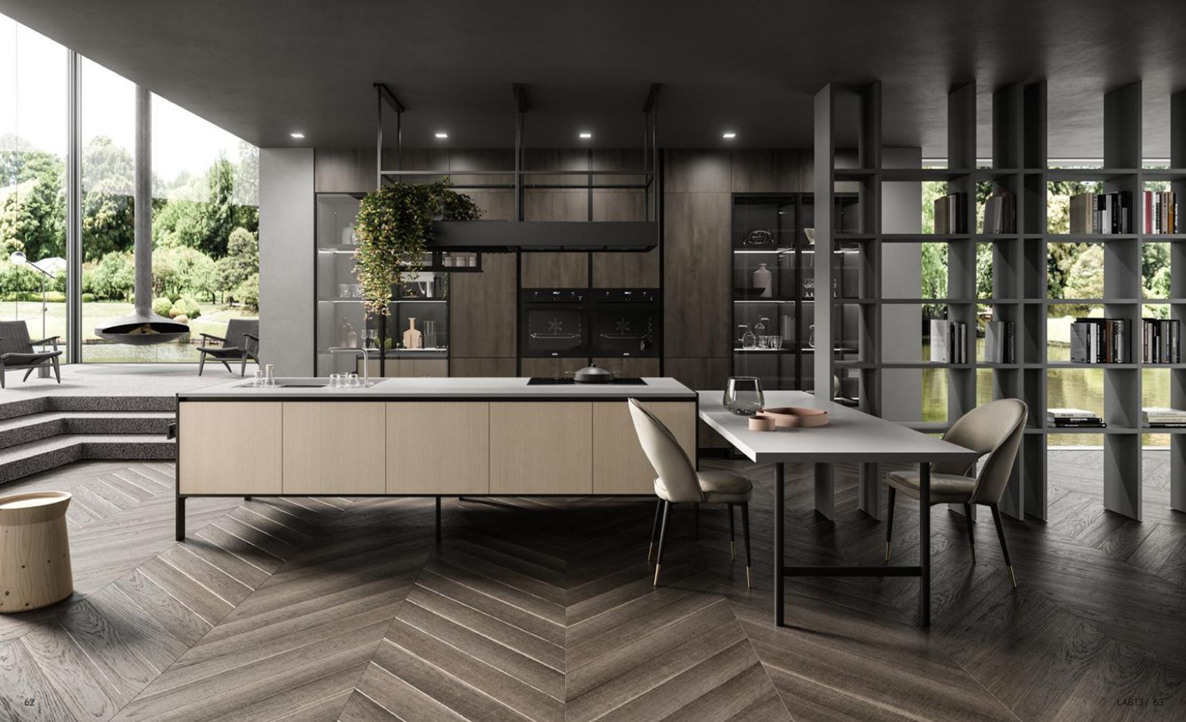 Sala da pranzo con tavolo ovale in vetro testurizzato, sei sedie gialle, lampade a sospensione e tappeto.