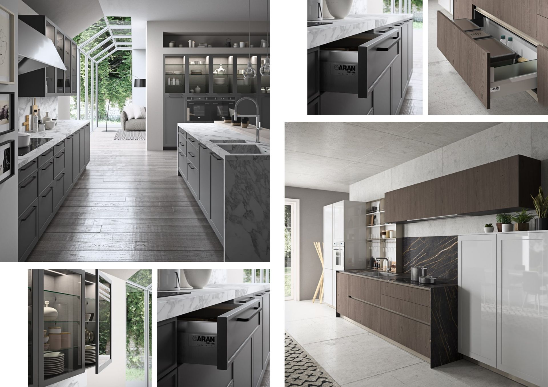Interni di cucina moderni in grigio e bianco con eleganti mobili, isola e ampie finestre.
