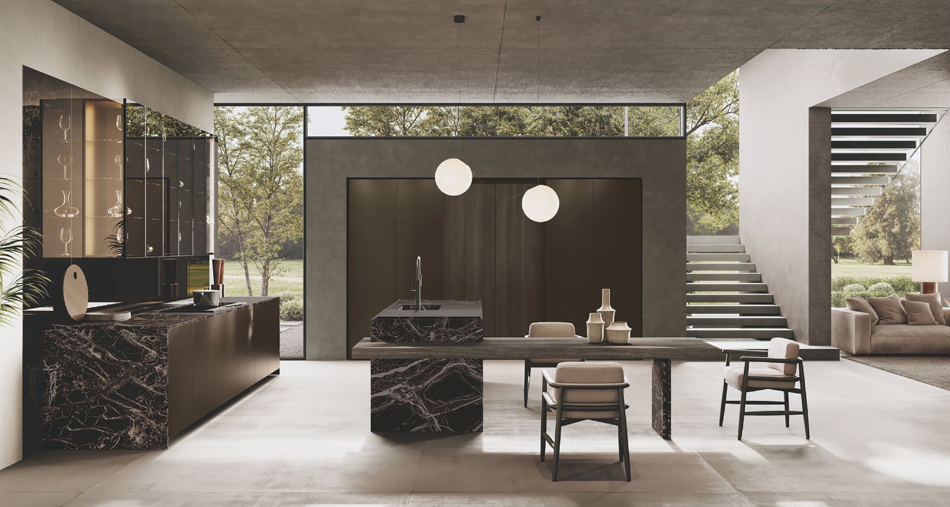 Moderna cucina grigia con isola in marmo, sgabelli da bar e mobili con ante in vetro.