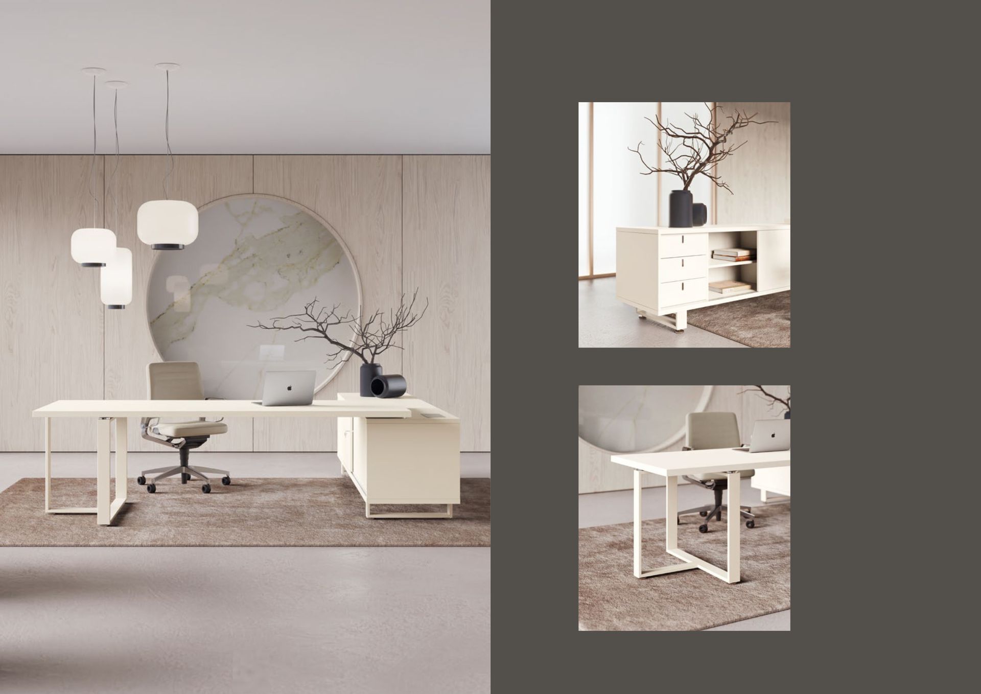 Ufficio con ampia scrivania color crema, sedia e lampade a sospensione. Parete grigia, tappeto. Immagini di mobili laterali.