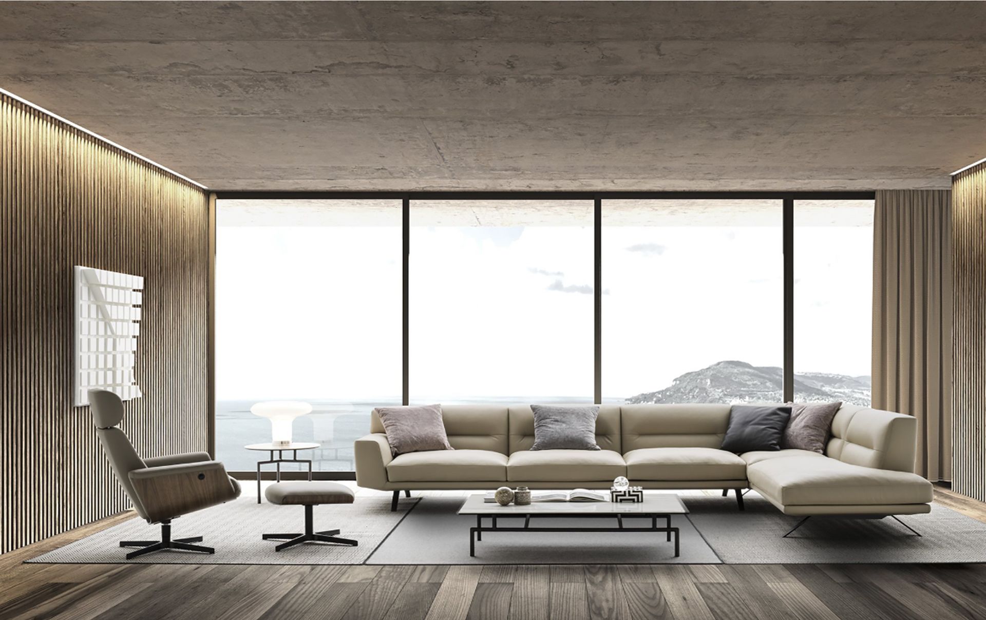 Soggiorno moderno e minimalista con ampie finestre, divano componibile beige, poltrona e tavolino basso.