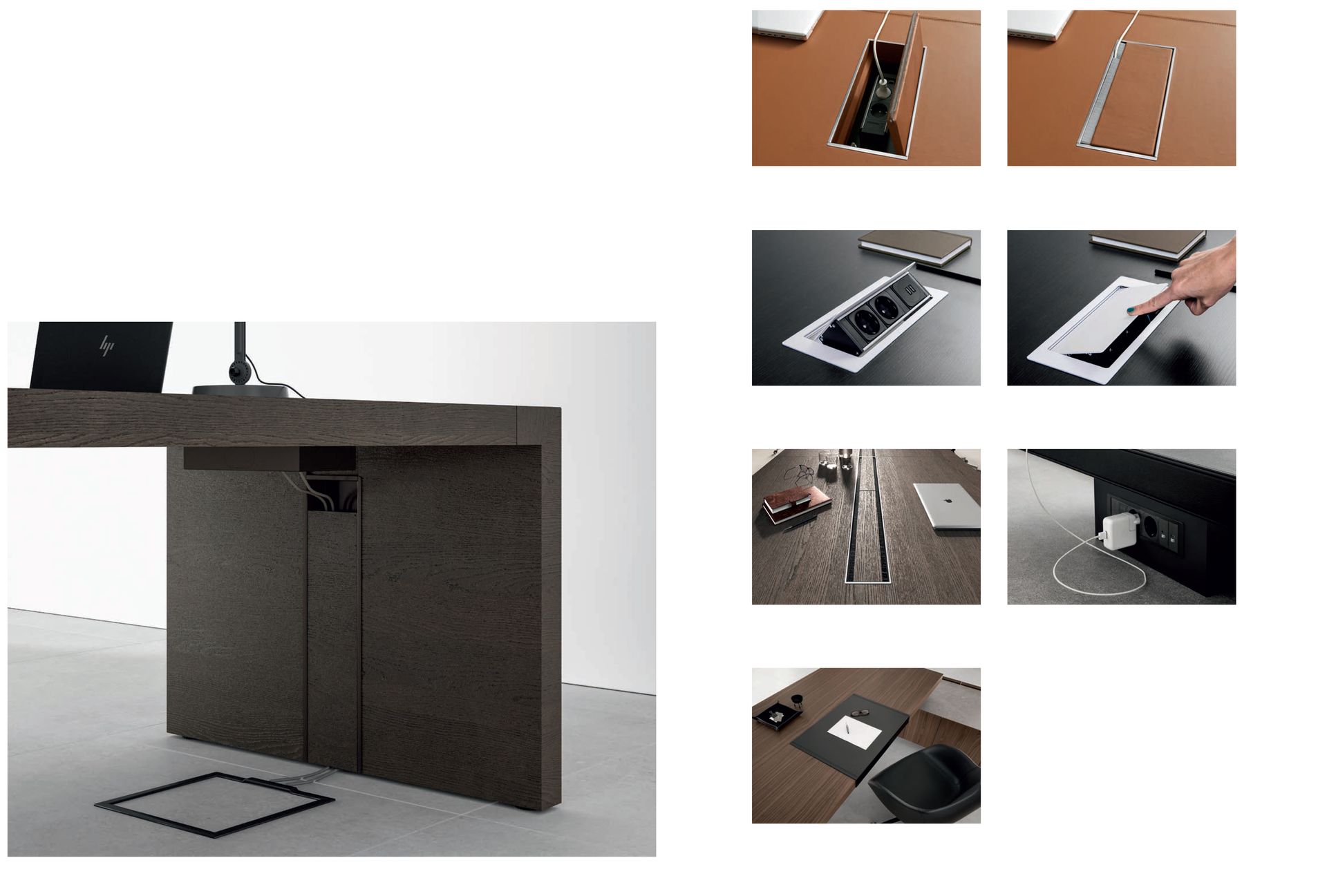 Scrivania da ufficio moderna e scura con prese di corrente integrate e gestione dei cavi.