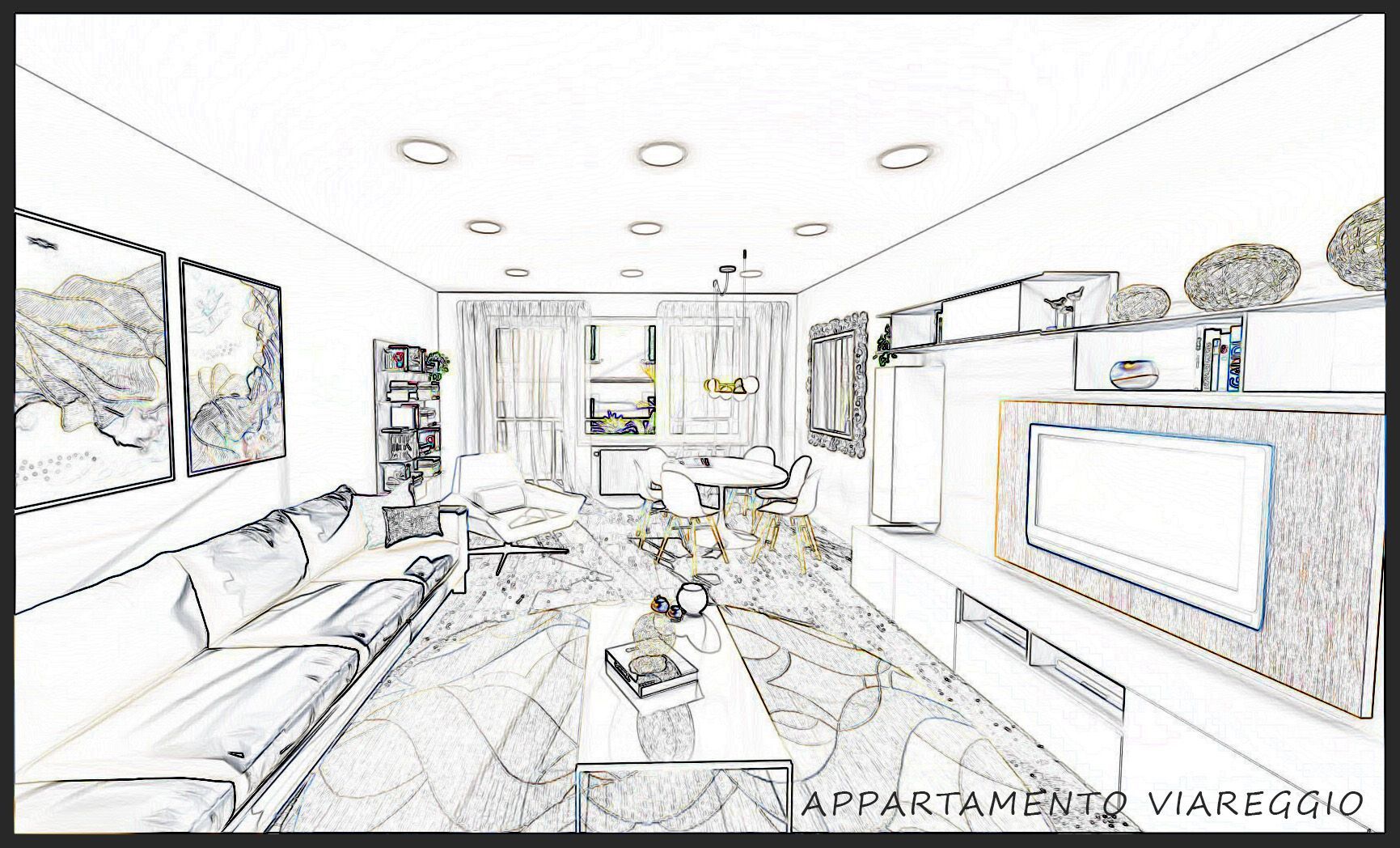 Schizzo a matita dell'interno di un appartamento a Viareggio, Italia, con mobili e illuminazione.