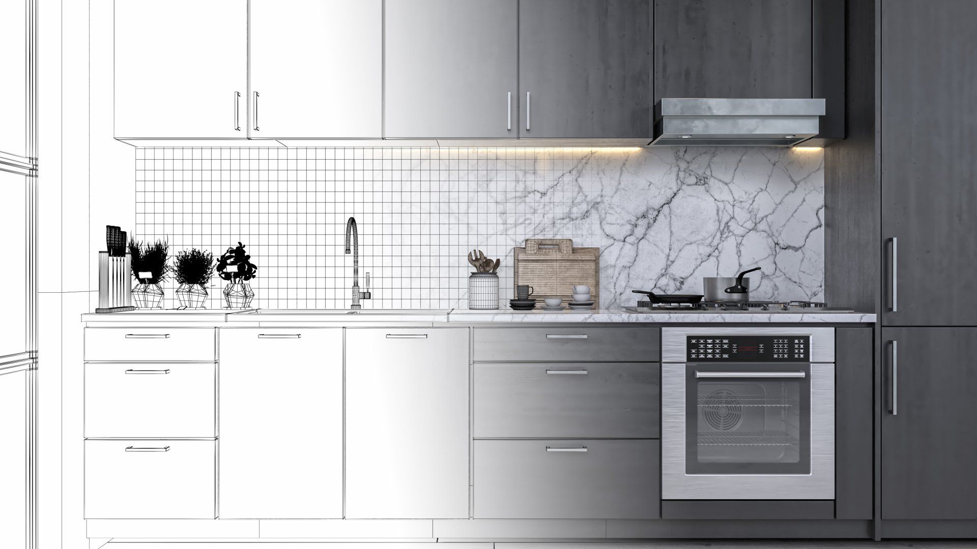 Rendering di una cucina semifinita che mostra un forno e dei mobili in acciaio inossidabile, con un paraschizzi in marmo e un lato disegnato.