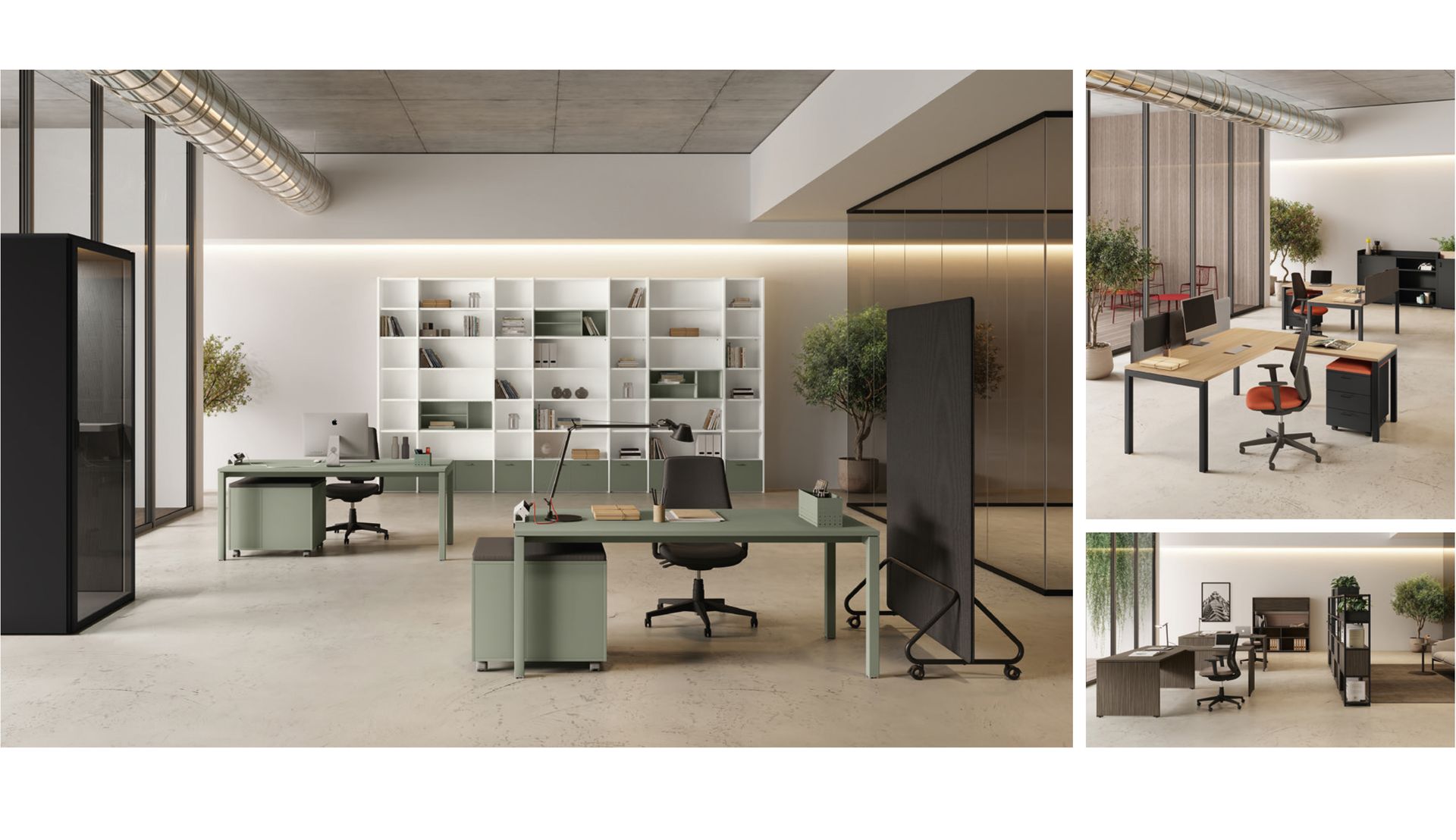 Spazio ufficio con scrivanie, spazio di archiviazione e un divisorio, nei colori verde e nero.