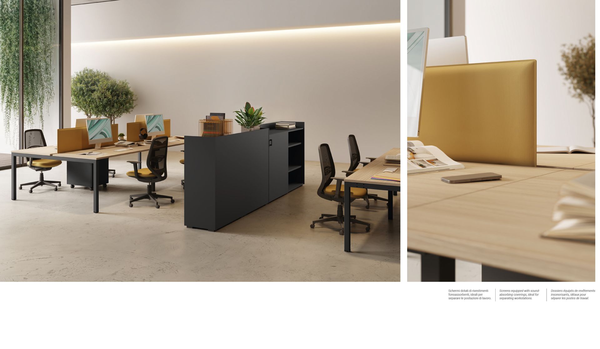 Moderno spazio ufficio con scrivanie, sedie, piante e una reception scura.