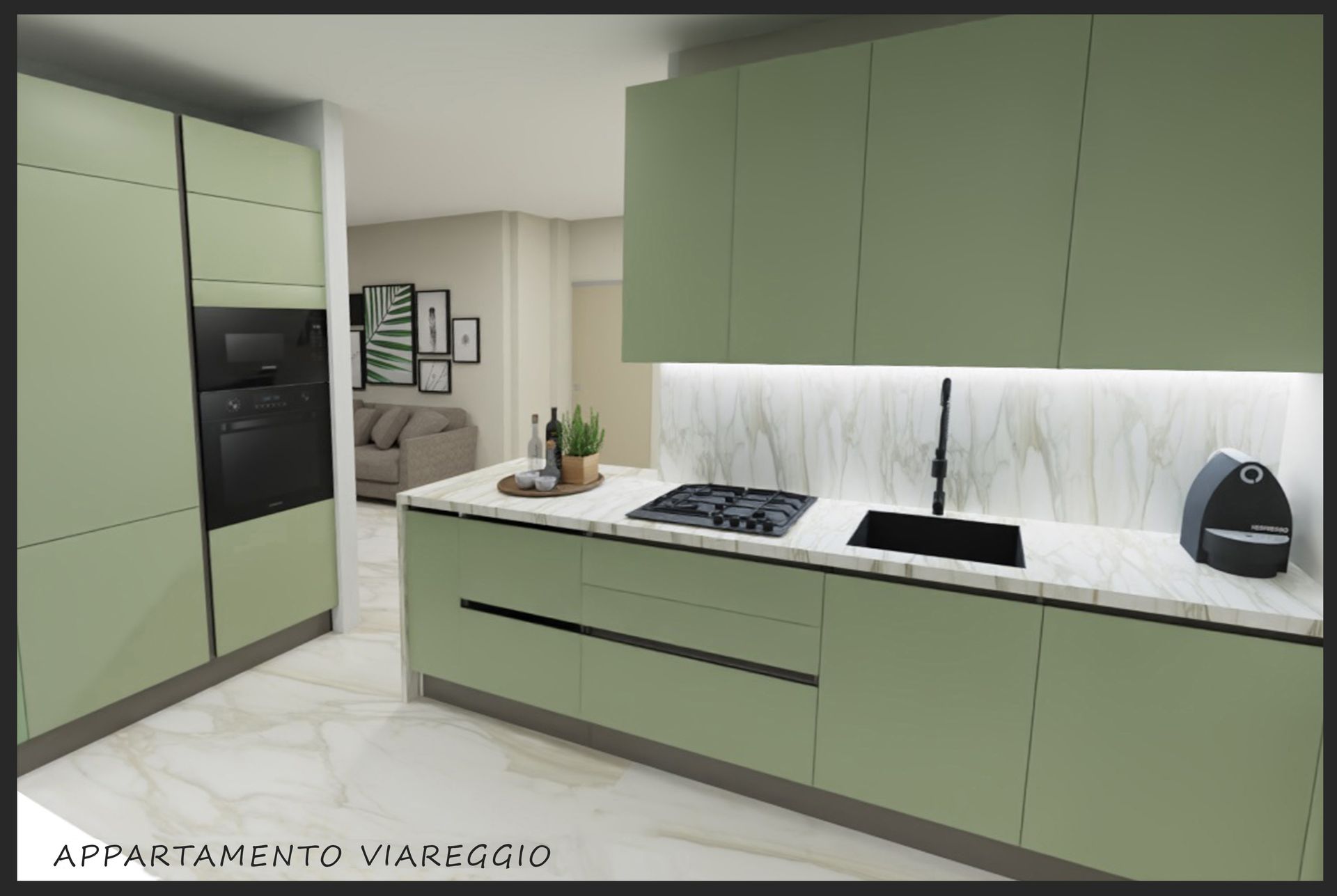 Cucina moderna con mobili verde salvia, elettrodomestici neri, paraschizzi in marmo e vista sul soggiorno.