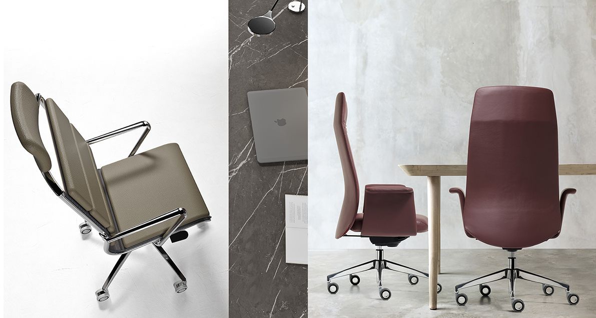 Sedie da ufficio: marroni, cromate e una alta color bordeaux.