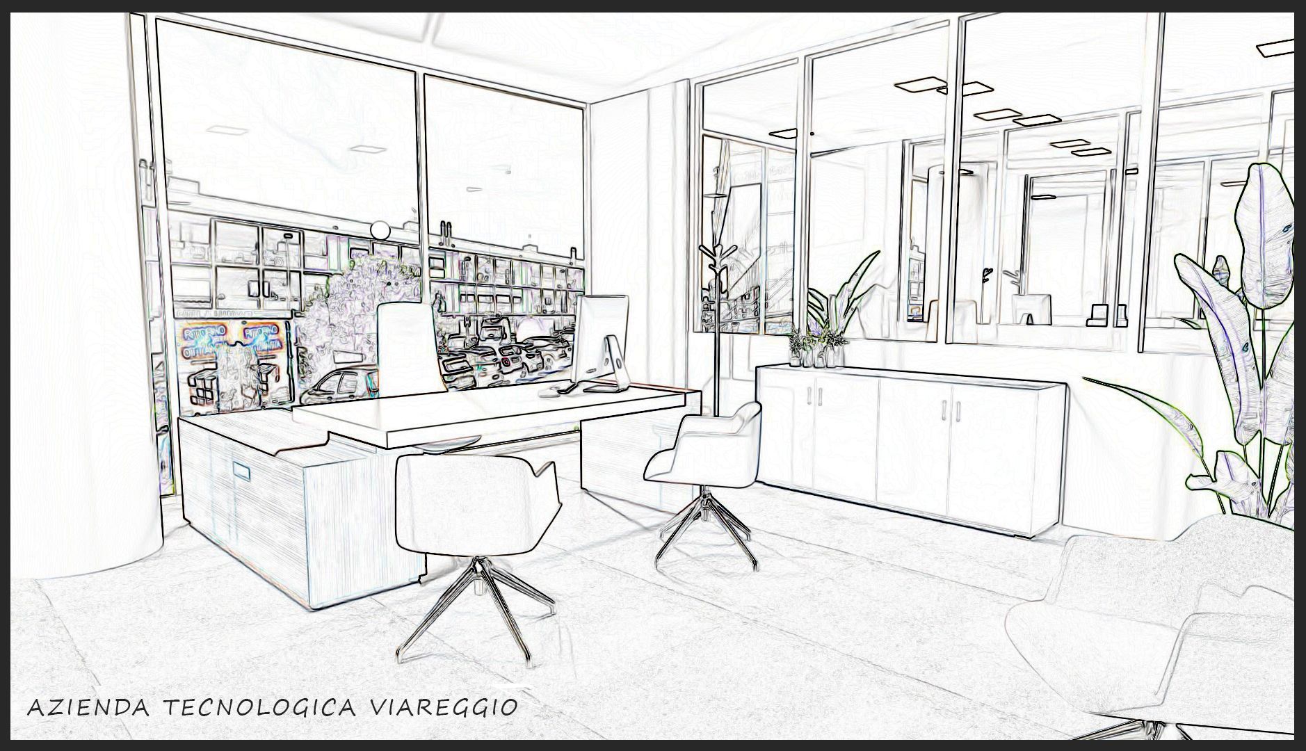 Ufficio moderno con ampia scrivania, sedie e pareti in vetro.