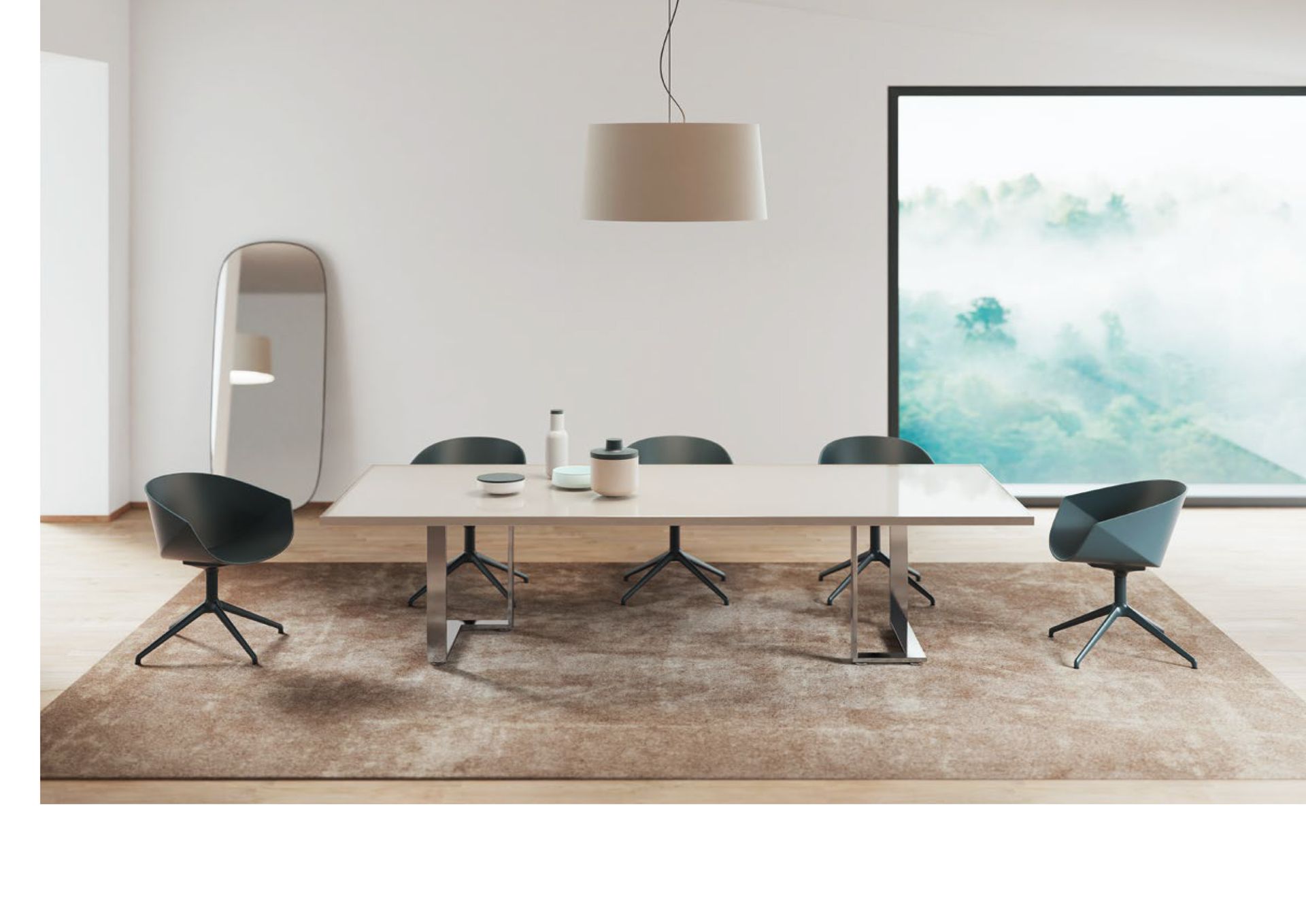 Moderna sala da pranzo con tavolo, sedie, tappeto, specchio e una grande finestra con vista sull'esterno.