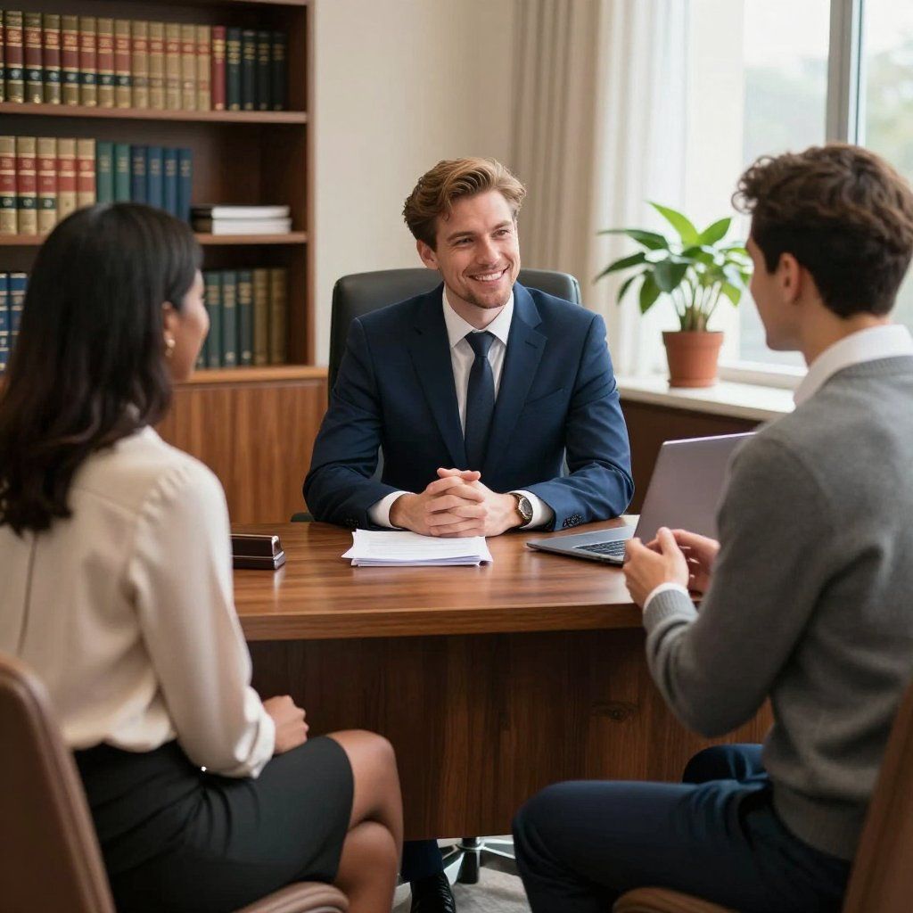 Three people in an office. A man in a suit smiles at a couple seated opposite him. Bookshelves in the background.