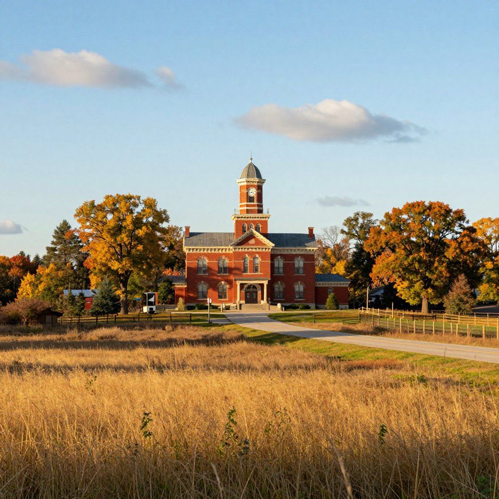 Red brick building with clock tower in a field of dry grass, surrounded by autumn trees under a blue sky.