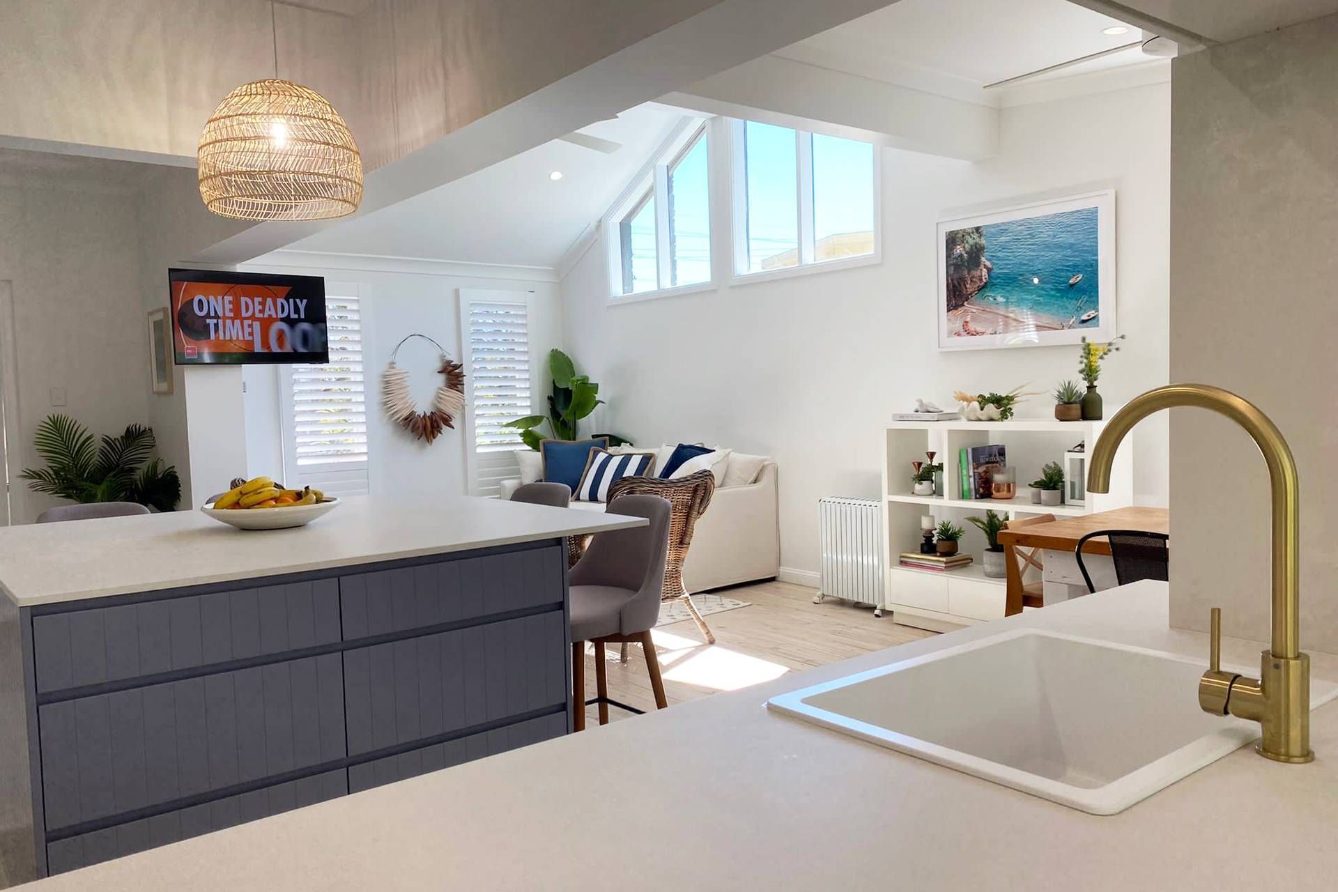 Bright Modern Living Space Featuring a Kitchen Island — Blue Horizon Projects in Bateau Bay, NSW