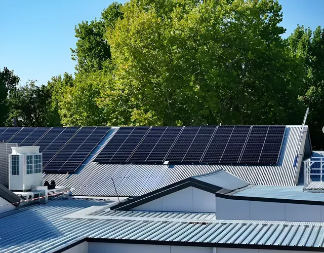 Solar Panels on a Building Roof, With Trees in the Background. Blue and White Roof, Sunny Day— Des Mullins Electrical & Solar In Wagga Wagga, NSW