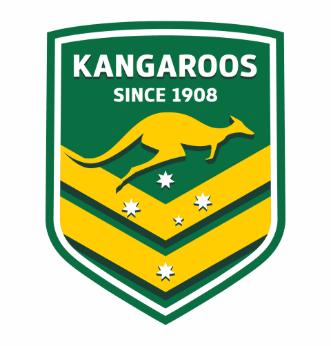 A kangaroo is on a green and yellow shield with stars.