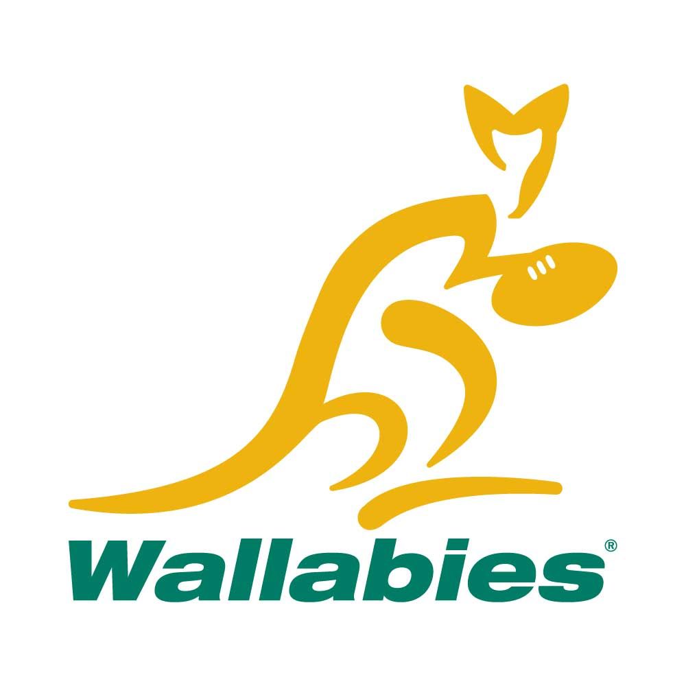 Wallabies logo with a kangaroo holding a rugby ball