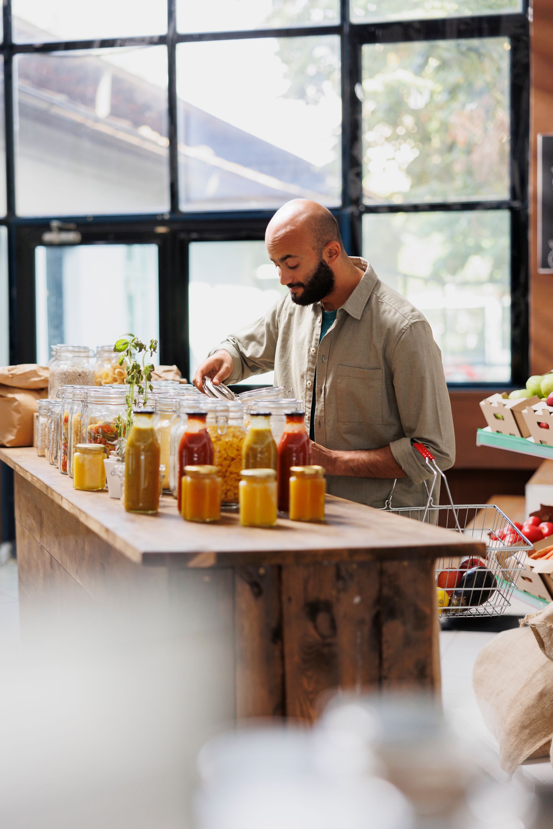 A person in a beige shirt arranges glass jars of colorful food products on a wooden counter in a brightly lit shop.