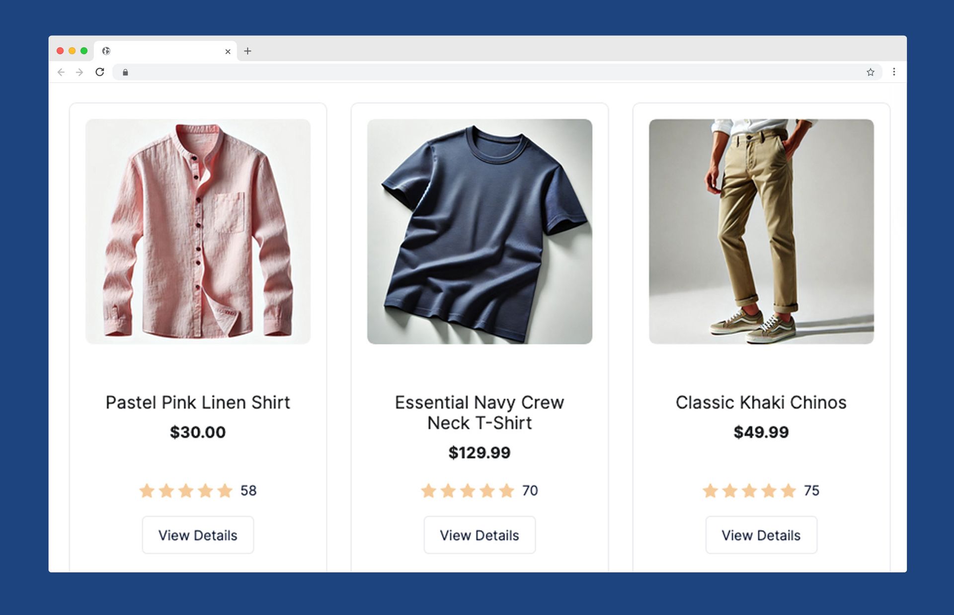 A webpage displays three product cards: a pink linen shirt, a navy t-shirt, and khaki chinos, each with price and rating.