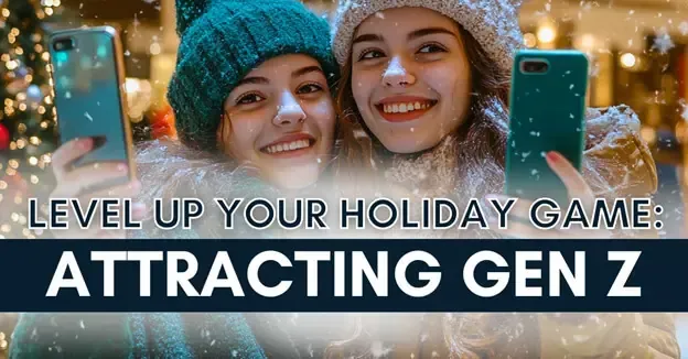 Two smiling people in winter hats hold up their smartphones in front of a holiday-themed backdrop with falling snow.
