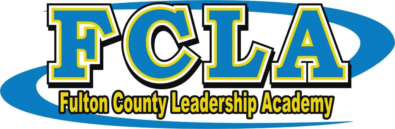 Logo for the Fulton County Leadership Academy with blue block letters FCLA and the full name in yellow below.