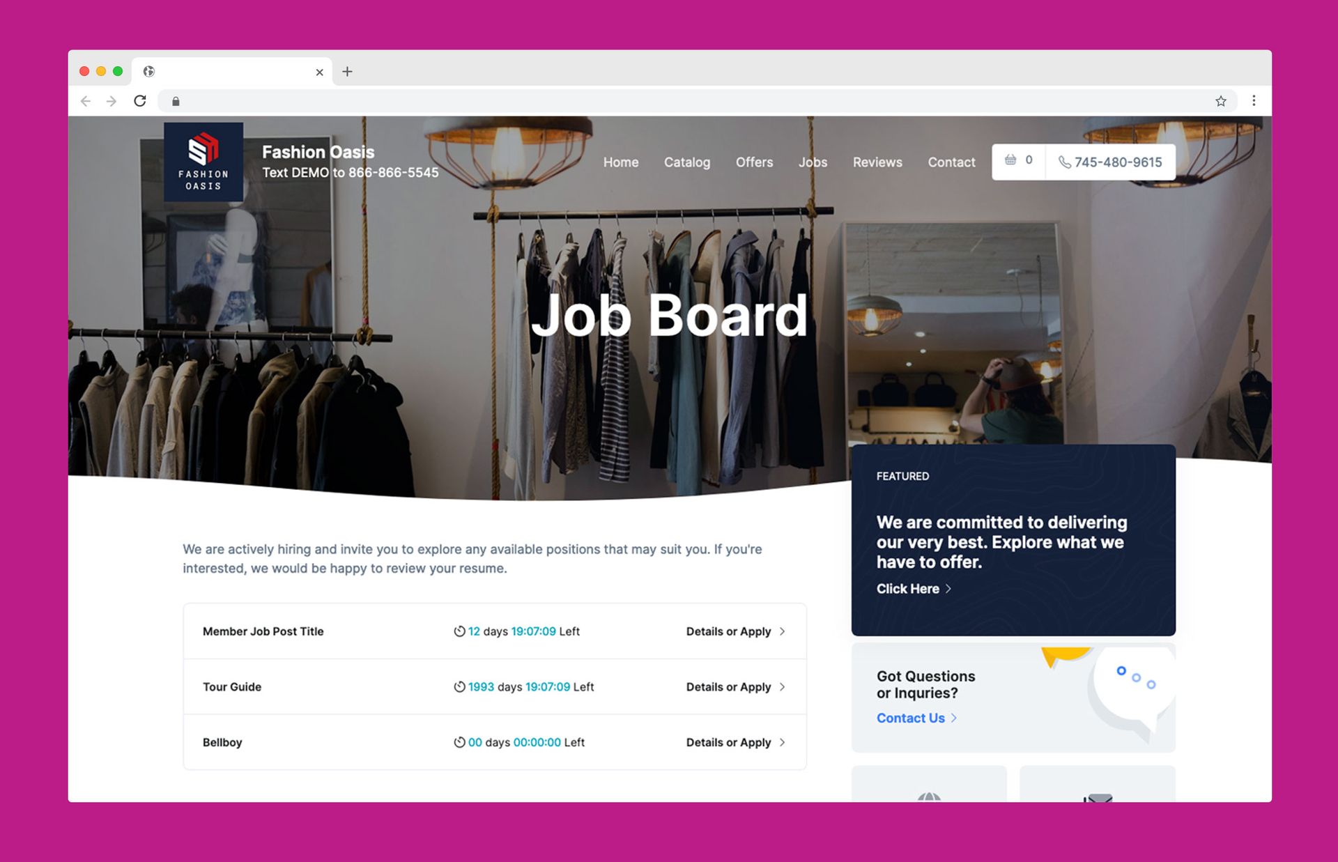 A Fashion Guild job board webpage displaying current listings, navigation links, and contact information.
