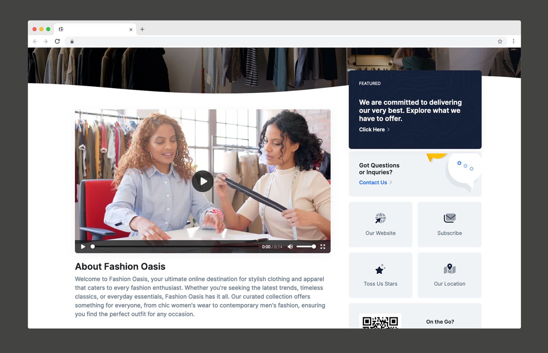 Webpage for Fashion Owls, featuring a video of two people working with fabric, navigation icons, and introductory text.