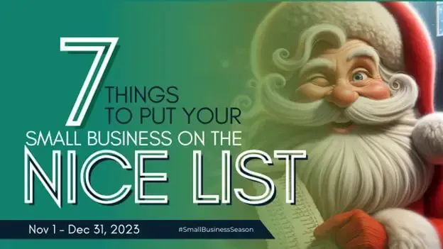 A festive green banner featuring a winking Santa Claus, titled