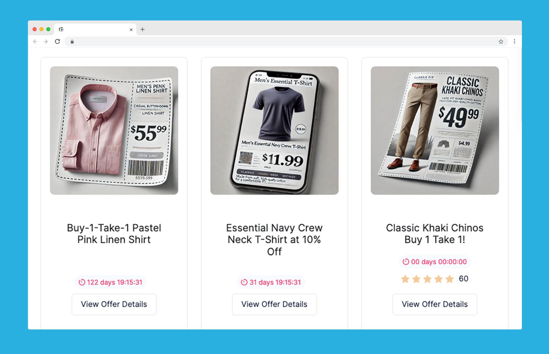 A web page showing three shopping offers for a pink linen shirt, navy t-shirt, and khaki chinos with buttons to view details.
