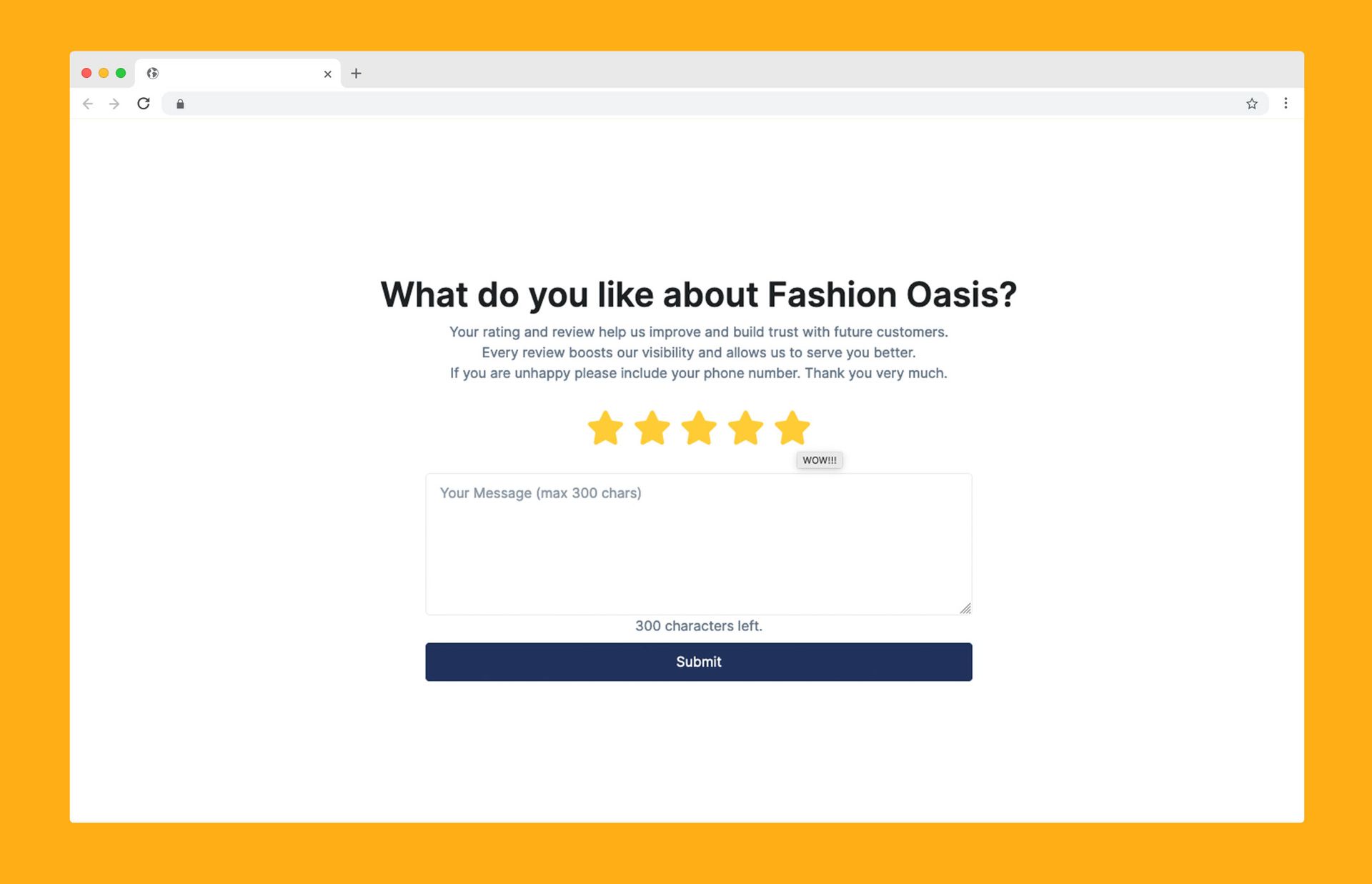 A feedback form for Fashion Oasis with a five-star rating scale and a text box for comments.