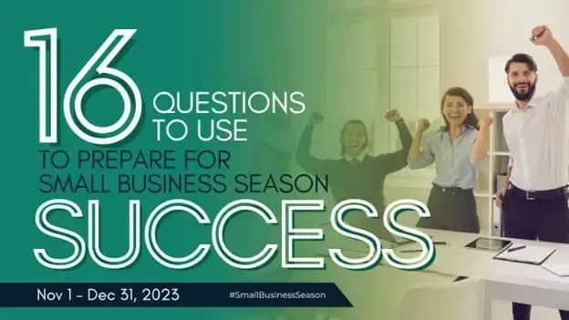 A graphic for Small Business Season shows three people celebrating in an office with the title