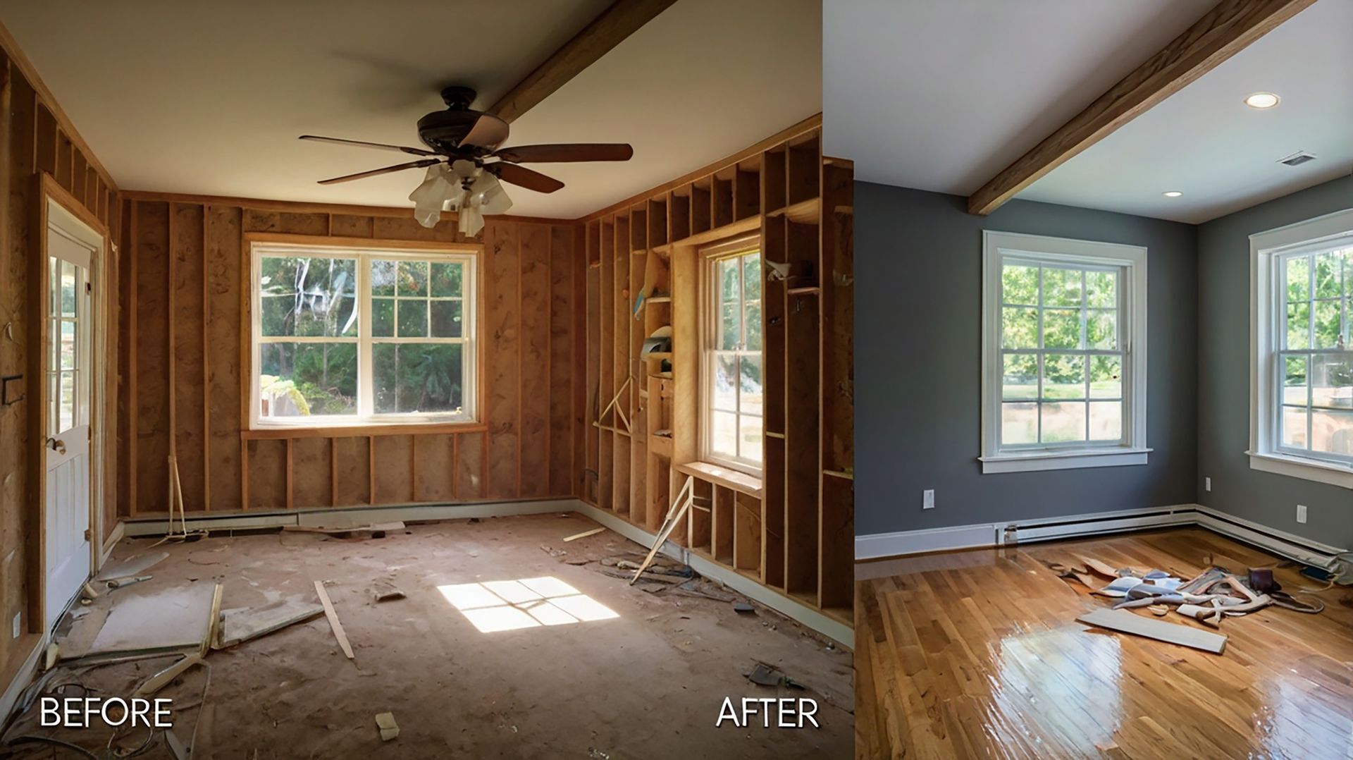 A before and after photo of a living room with a ceiling fan.