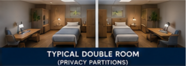 Two-bed hotel room with warm lighting, desks, lamps, and a central partition; labeled “Typical Double Room”