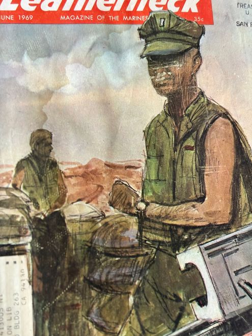 Soldiers in green uniforms near equipment, painted in a magazine cover illustration of a desert scene