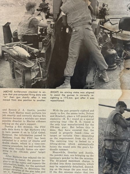 Soldiers preparing supplies and equipment beside a vehicle, with a newspaper article beneath the photo