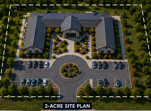 Aerial site plan of a 2-acre building complex with parking lots, circular drive, and landscaped grounds.