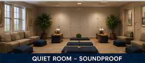 Quiet room with blue couches, plants, and soundproof walls