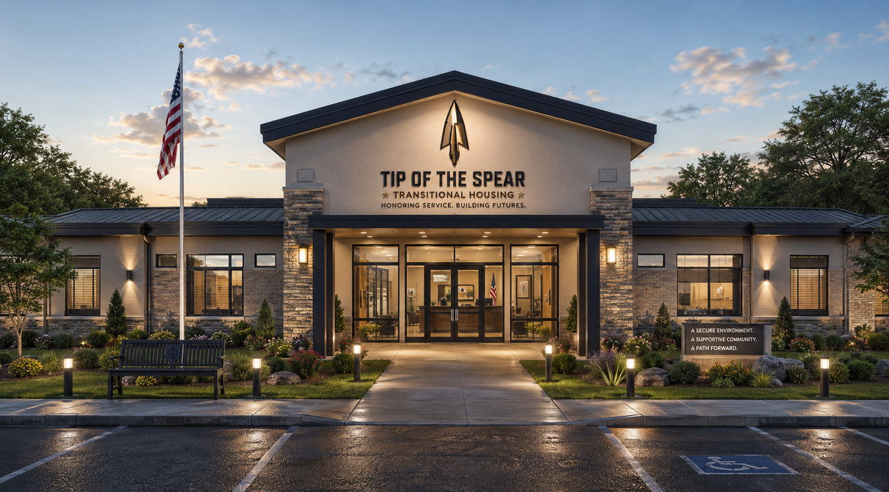 Poster showing Tip of the Spear Transitional Housing Facility with floor plan, exterior rendering, and interior room photos.