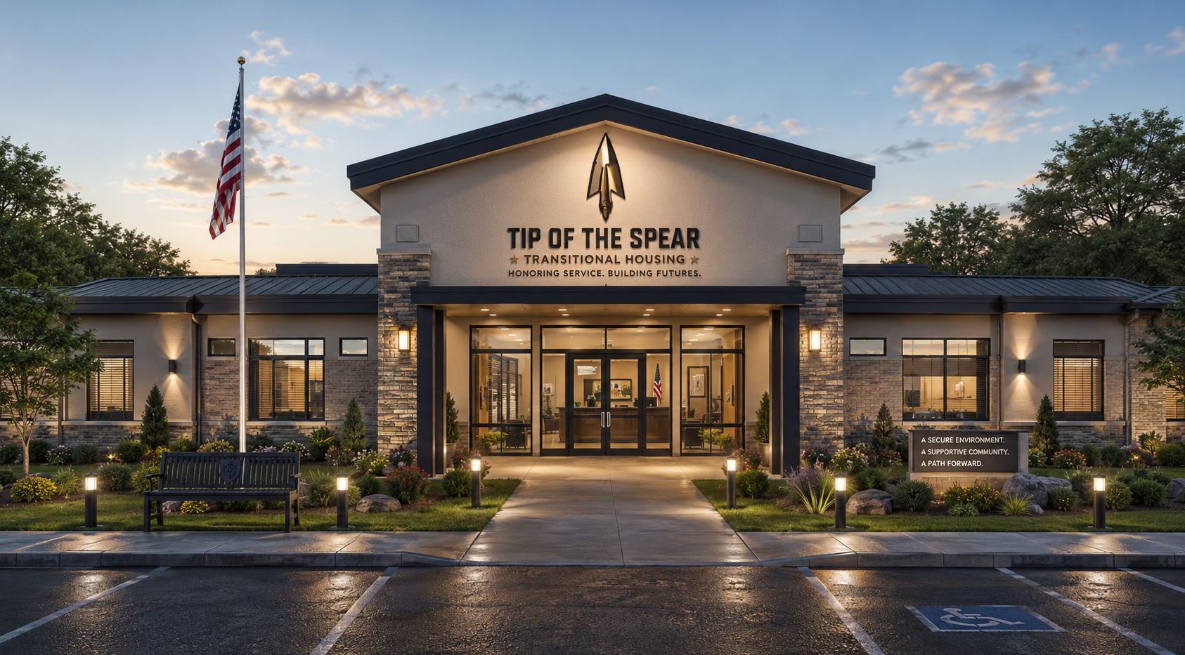 Poster showing Tip of the Spear Transitional Housing Facility with floor plan, exterior rendering, and interior room photos.